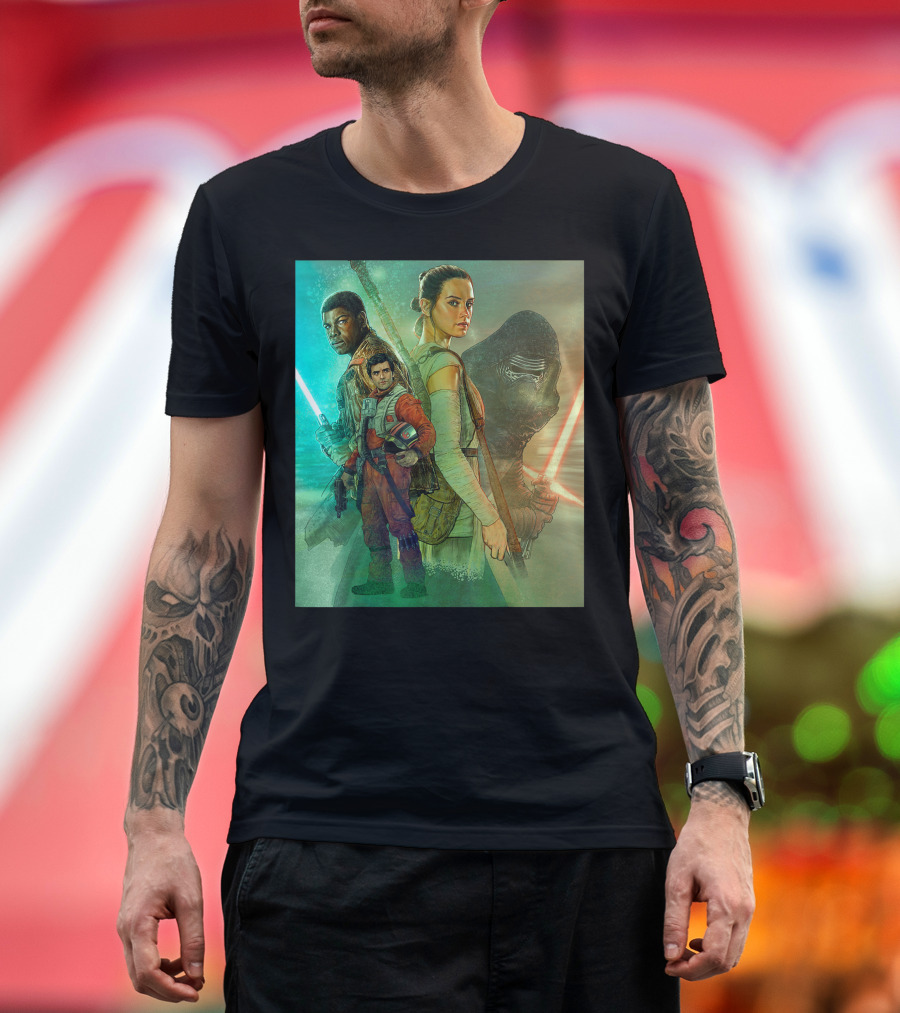Star Wars The Force Awakens Celebration Mural with Characters and Lightsabers T-Shirt