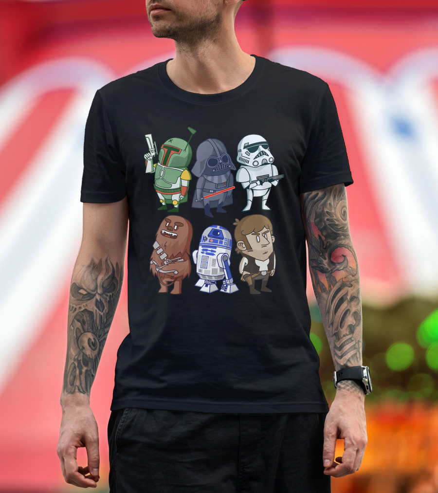 Star Wars Character Doodles Boba Fett Darth Vader Stormtrooper Chewbacca R2-D2 Han Solo T-Shirt