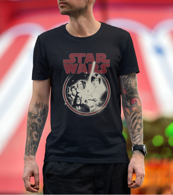 Premium T-Shirt: Star Wars A New Hope Heroes with Iconic Badge Design Featuring Luke Skywalker Leia Han Solo and Obi-Wan Kenobi T-Shirt Star Wars A New Hope Heroes with Iconic Badge Design Featuring Luke Skywalker Leia Han Solo and Obi-Wan Kenobi T-Shirt