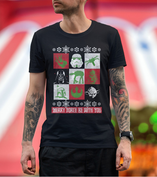Premium T-Shirt: Merry Force Be With You Star Wars Christmas Yoda Vader Chewbacca Stormtrooper Snowflakes T-Shirt Merry Force Be With You Star Wars Christmas Yoda Vader Chewbacca Stormtrooper Snowflakes T-Shirt