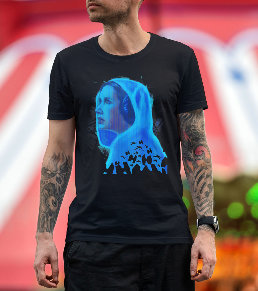 Star Wars Princess Leia Hologram Profile with Rebel Ships and Tie Fighters T-Shirt