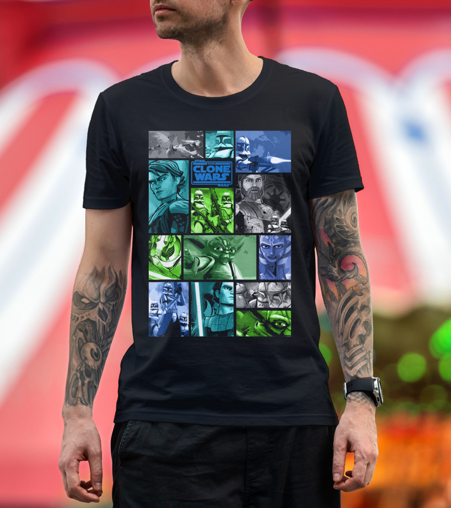 Star Wars The Clone Wars Group Panels Anakin Yoda Obi-Wan Troopers Ahsoka Jedi Scenes T-Shirt