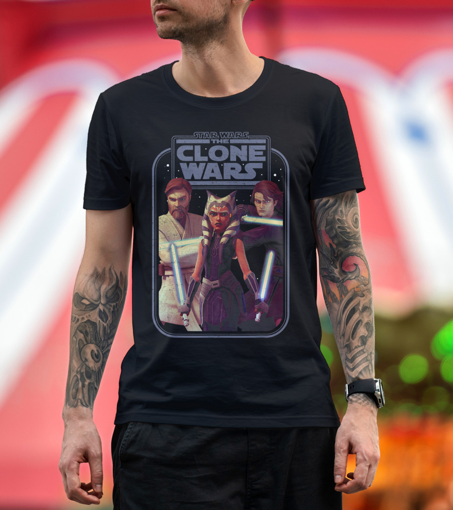 Star Wars The Clone Wars Obi-Wan Ahsoka Anakin Lightsaber Group Shot T-Shirt