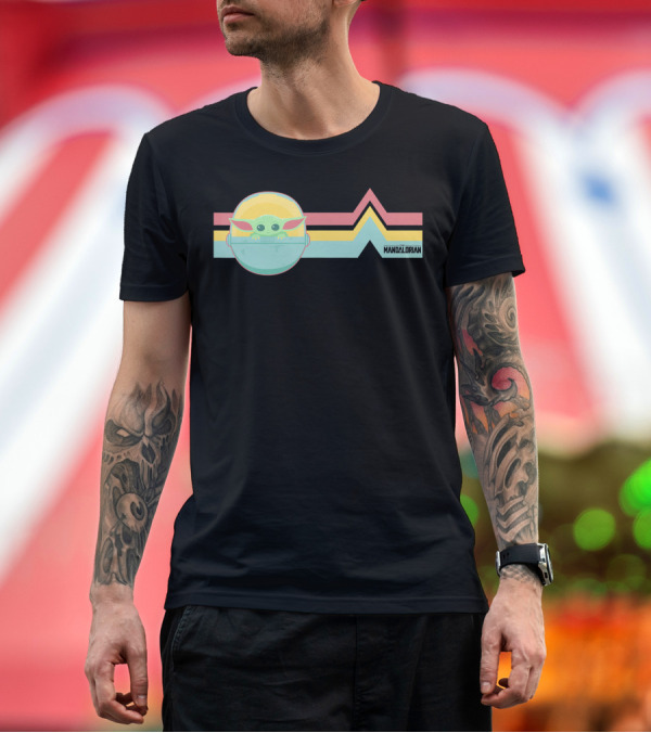 Premium T-Shirt: Star Wars The Mandalorian The Child Rainbow Stripe Design with Mandalorian Text T-Shirt Star Wars The Mandalorian The Child Rainbow Stripe Design with Mandalorian Text T-Shirt