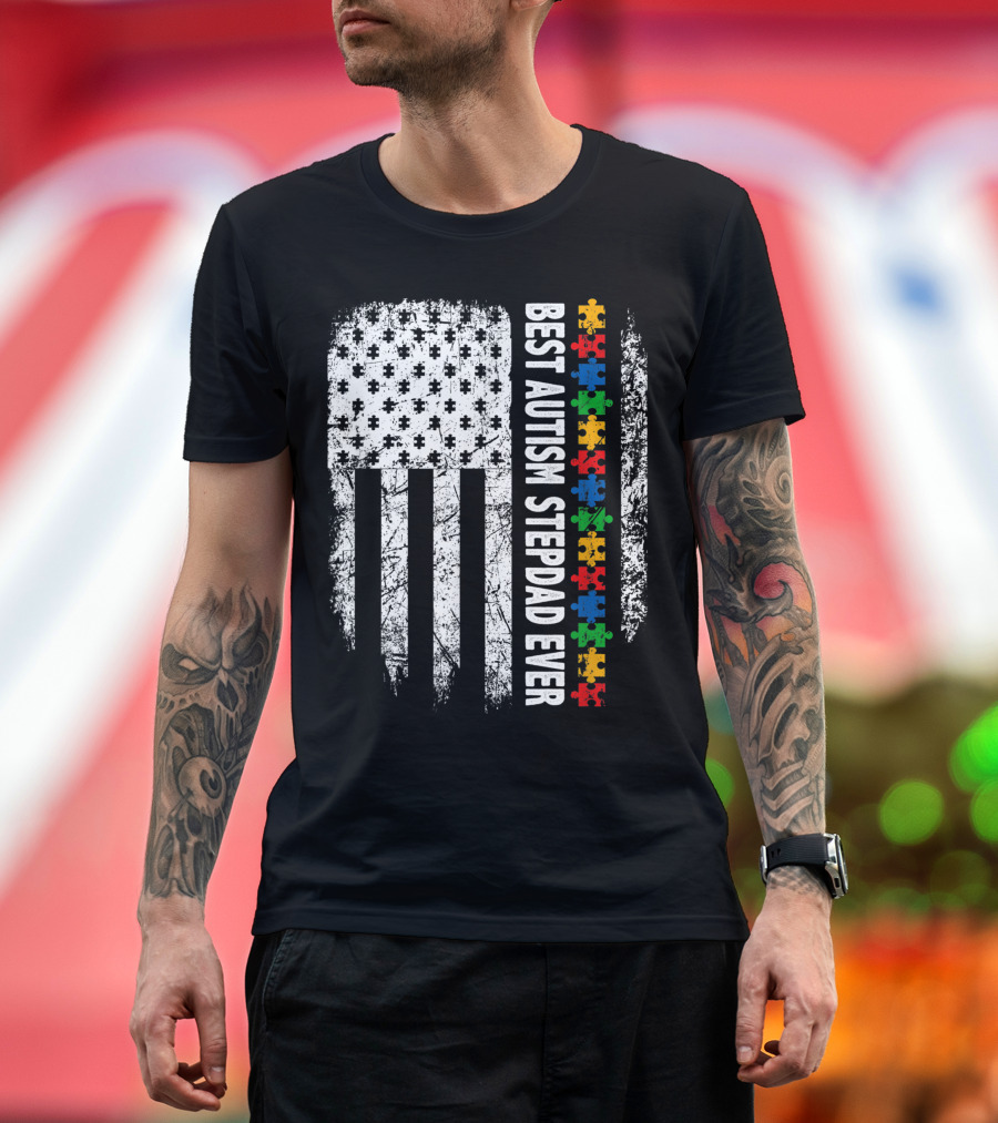 American Flag Best Autism Stepdad Ever Autism Awareness Puzzle Pieces T-Shirt