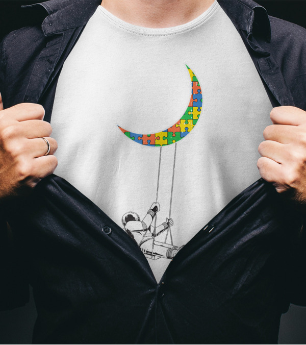 Astronaut Swinging On Puzzle Piece Moon Autism Awareness For Autistic Kids T-Shirt