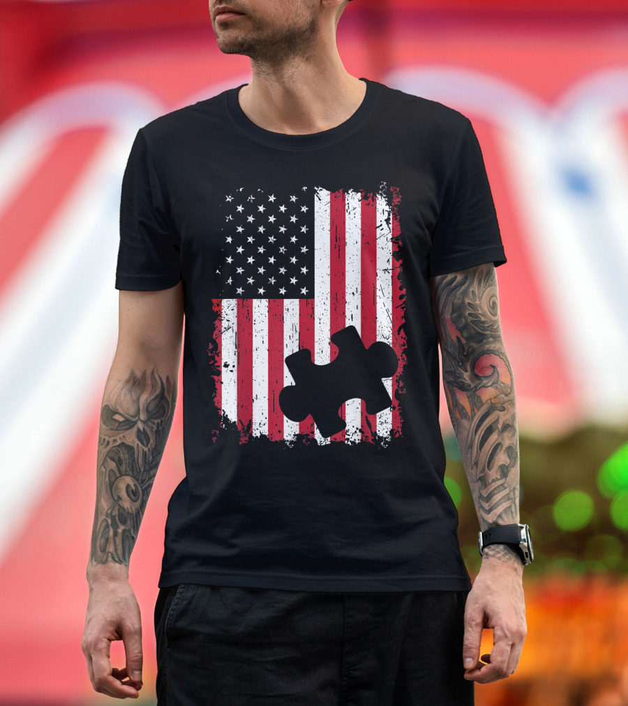 Autism 4th of July American USA Flag Puzzle Patriotic T-Shirt