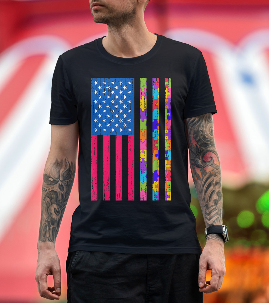 Autism American Flag Distressed Puzzle Pattern for Autism Awareness T-Shirt