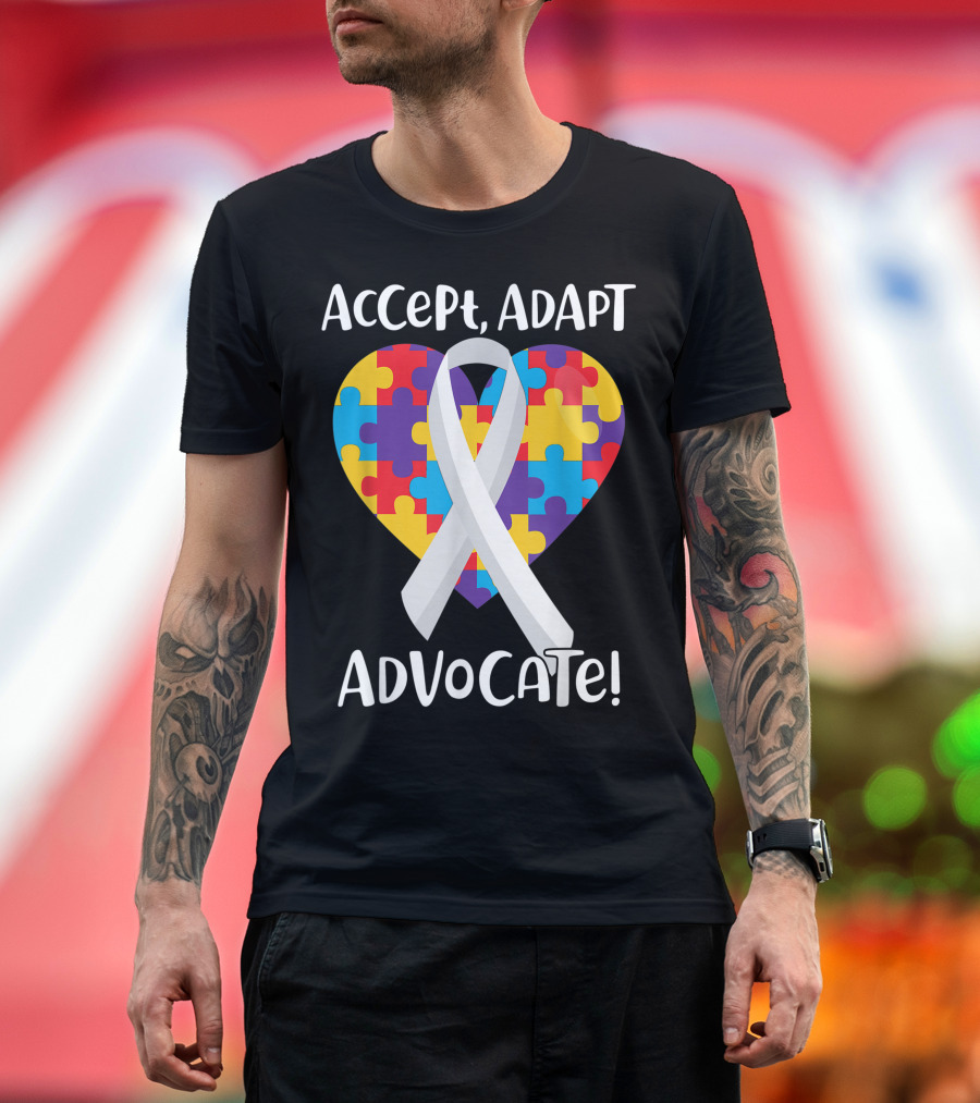 Accept Adapt Advocate Puzzle Heart Ribbon Autism Awareness T-Shirt