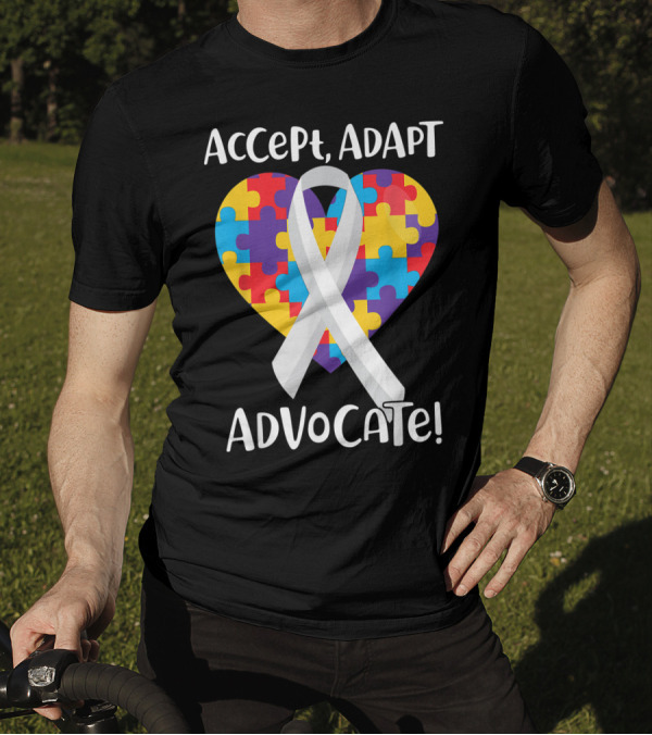 Accept Adapt Advocate Puzzle Heart Ribbon Autism Awareness T-Shirt