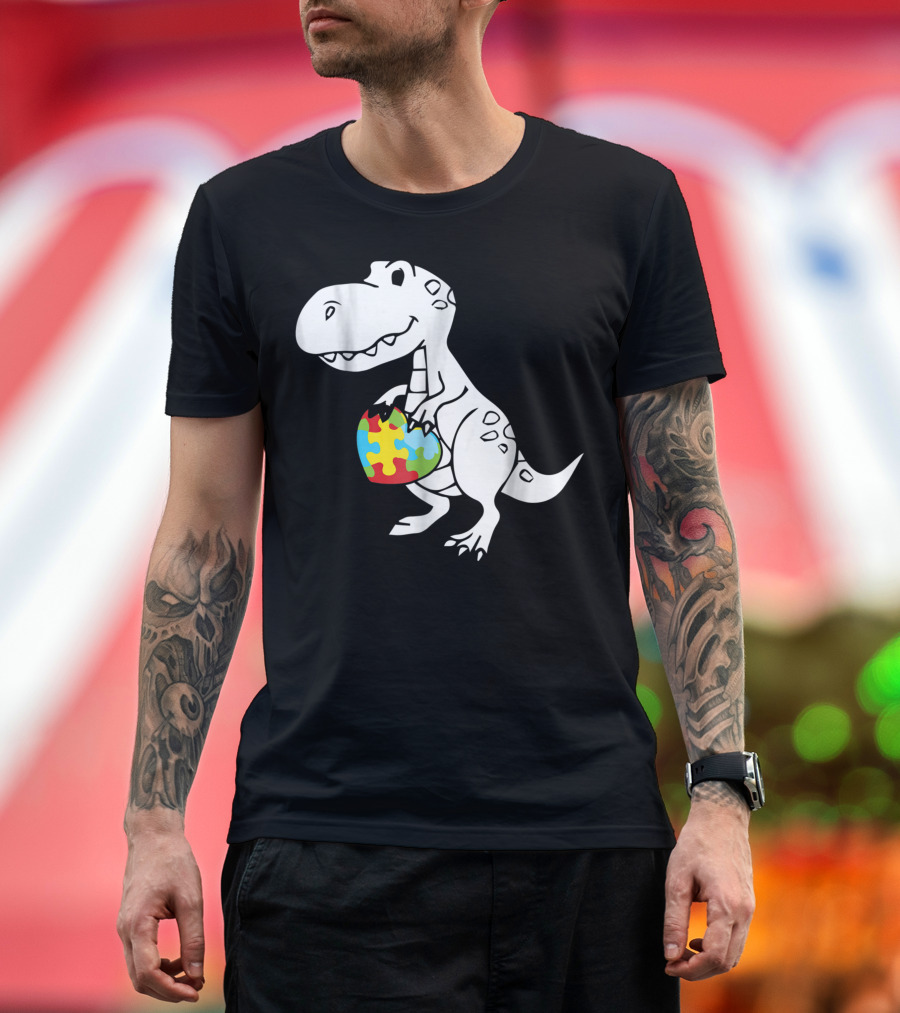 Autism Awareness Dinosaur Holding Colorful Puzzle Heart T-Shirt