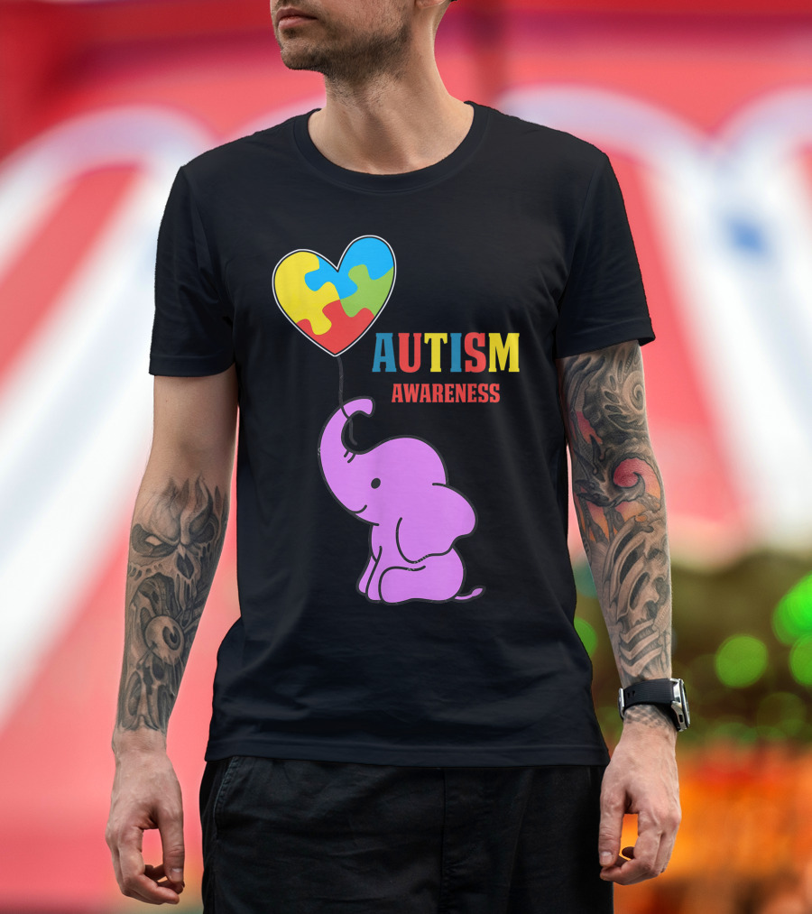 Autism Awareness Elephant with Colorful Puzzle Heart Balloon T-Shirt