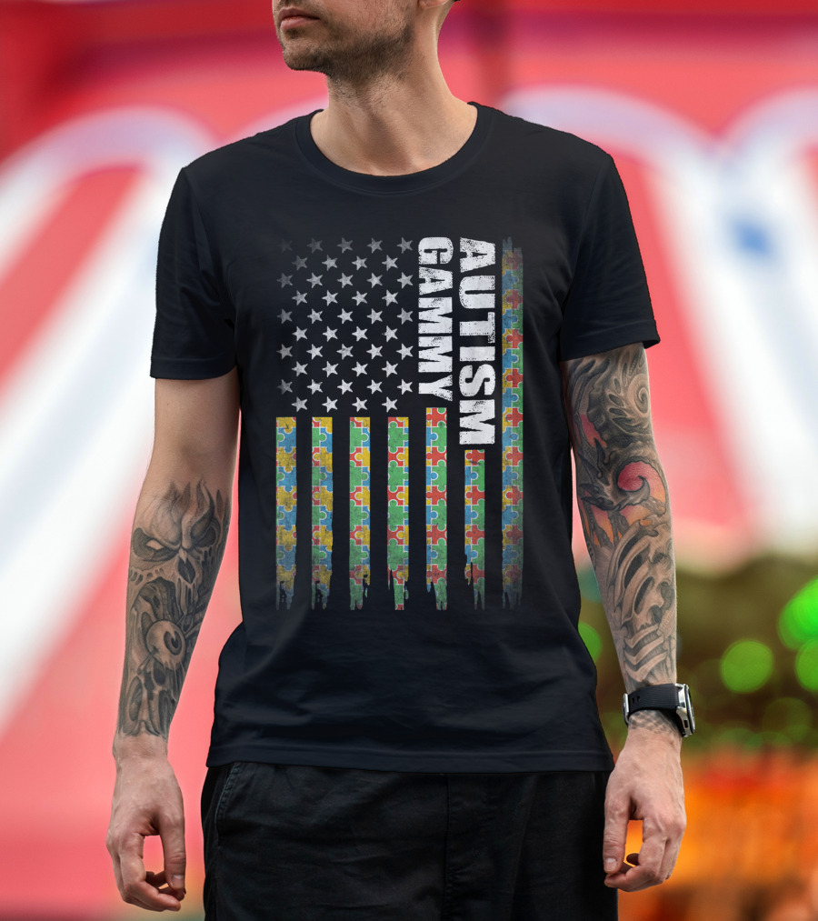 Autism Awareness Gammy American Flag Puzzle Piece Stripes T-Shirt