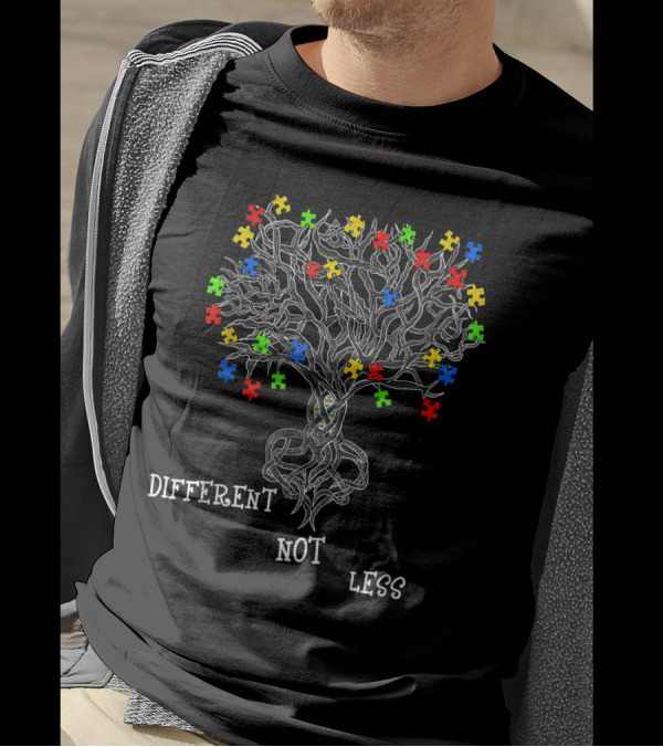 Different Not Less Autism Awareness Heart Tree Puzzle Pieces T-Shirt