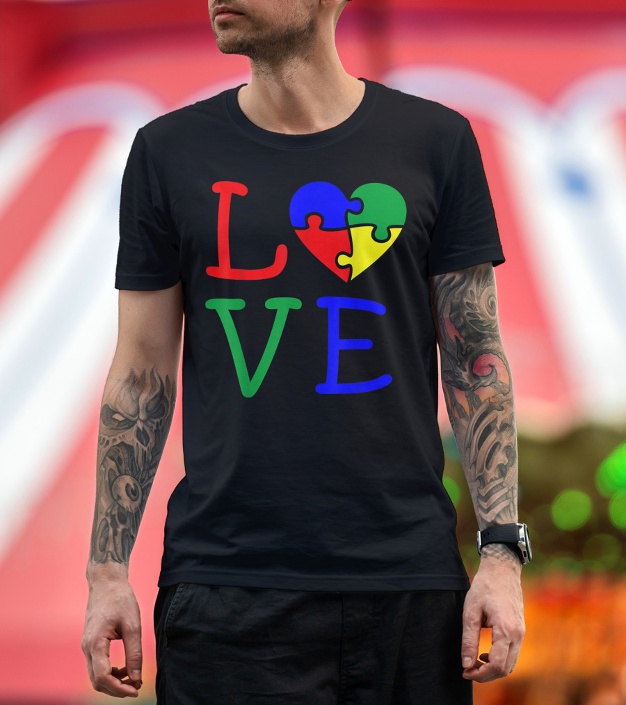 Love Autism Awareness Puzzle Piece Heart Colorful T-Shirt