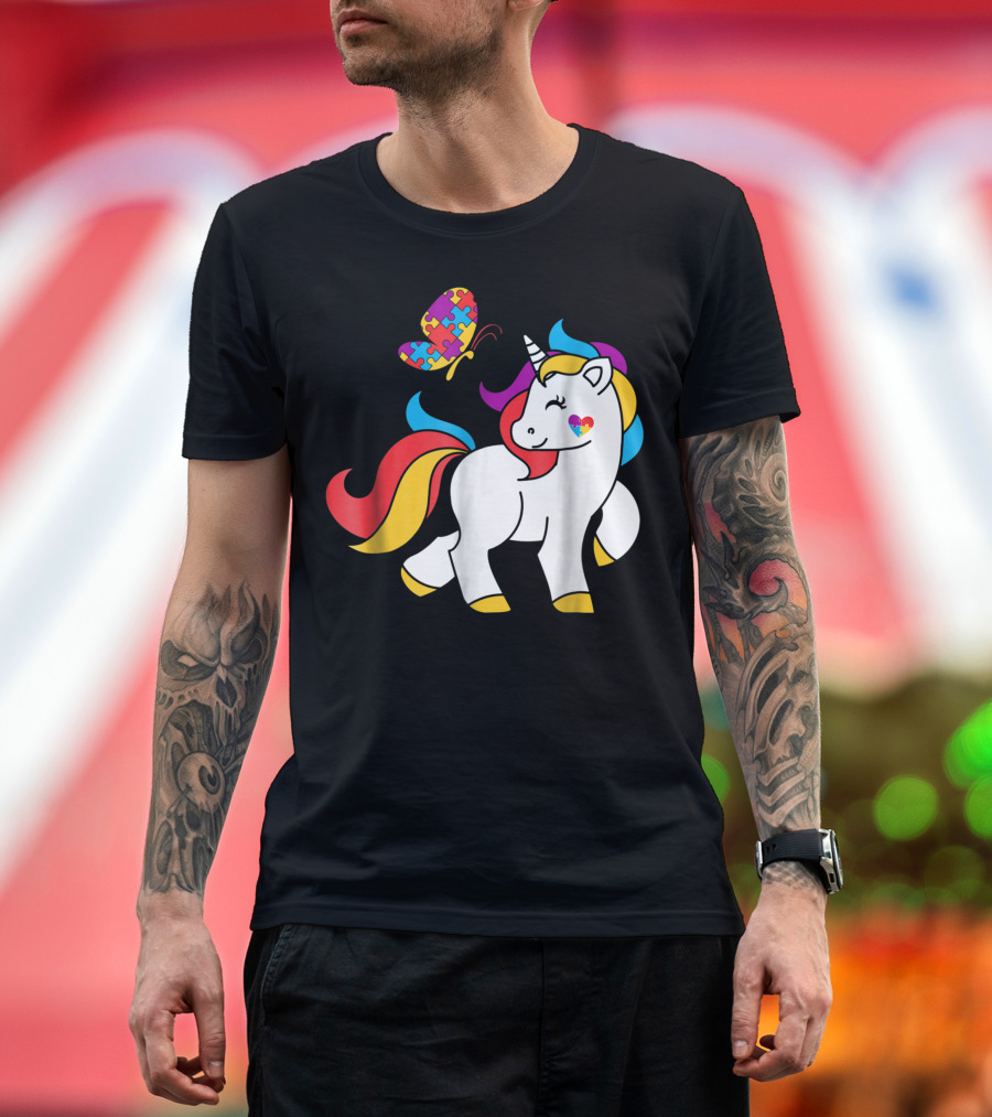 Unicorn with Puzzle Butterfly and Heart for Autism Awareness T-Shirt