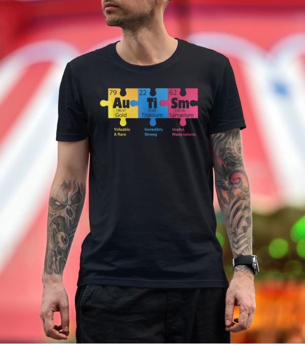 Premium T-Shirt: Autism Elements Gold Titanium Samarium Puzzle Awareness T-Shirt Autism Elements Gold Titanium Samarium Puzzle Awareness T-Shirt