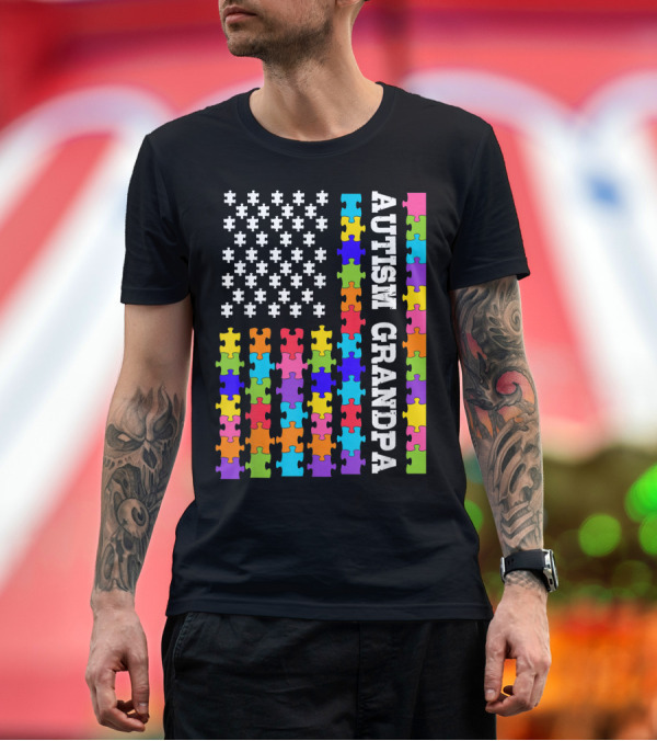Premium T-Shirt: Autism Grandpa Autism Awareness Flag Puzzle Design Patriotic Autistic Family T-Shirt Autism Grandpa Autism Awareness Flag Puzzle Design Patriotic Autistic Family T-Shirt