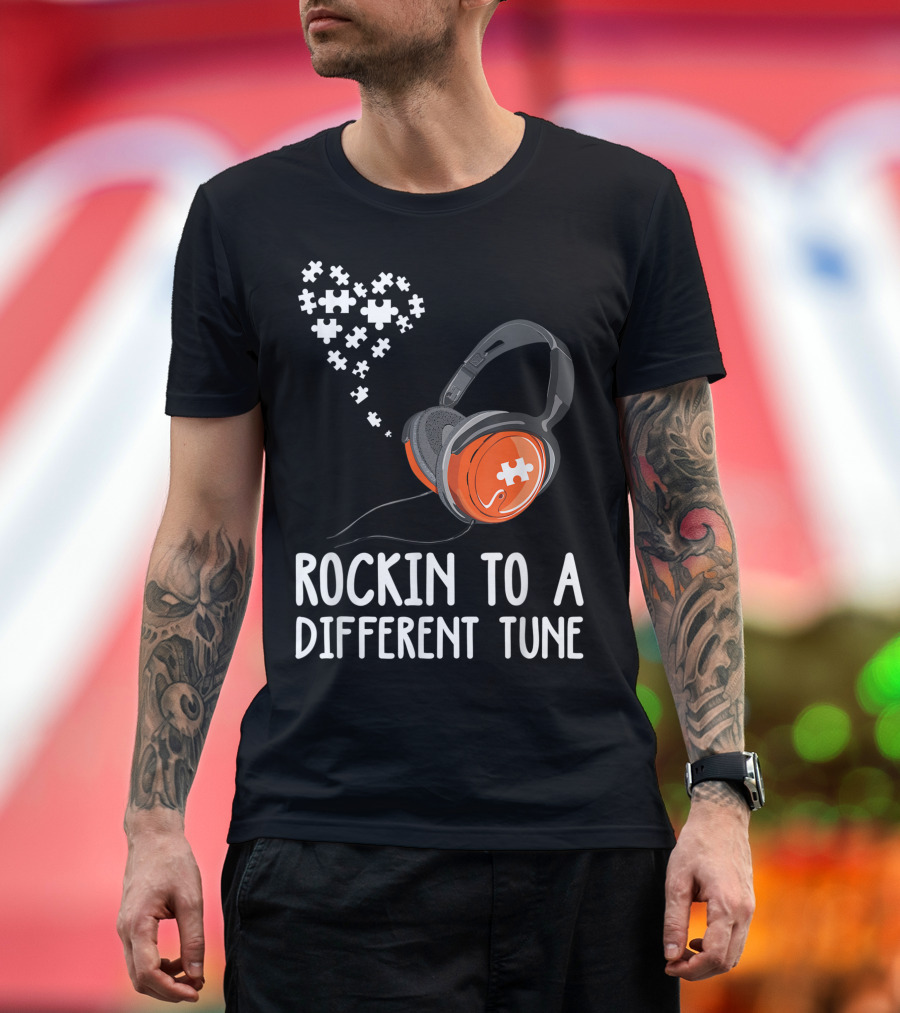 Rockin To A Different Tune Headphones Autism Puzzle Heart T-Shirt