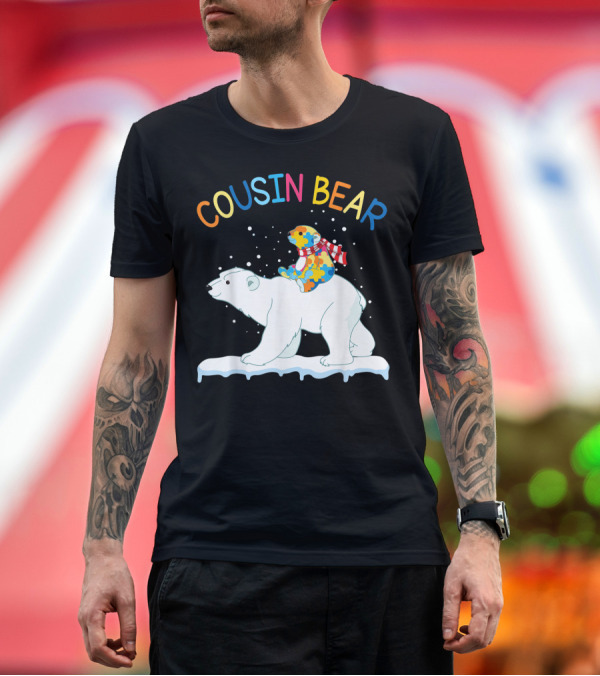 Premium T-Shirt: Cousin Bear Riding Polar Bear with Puzzle Pattern Awareness T-Shirt Cousin Bear Riding Polar Bear with Puzzle Pattern Awareness T-Shirt