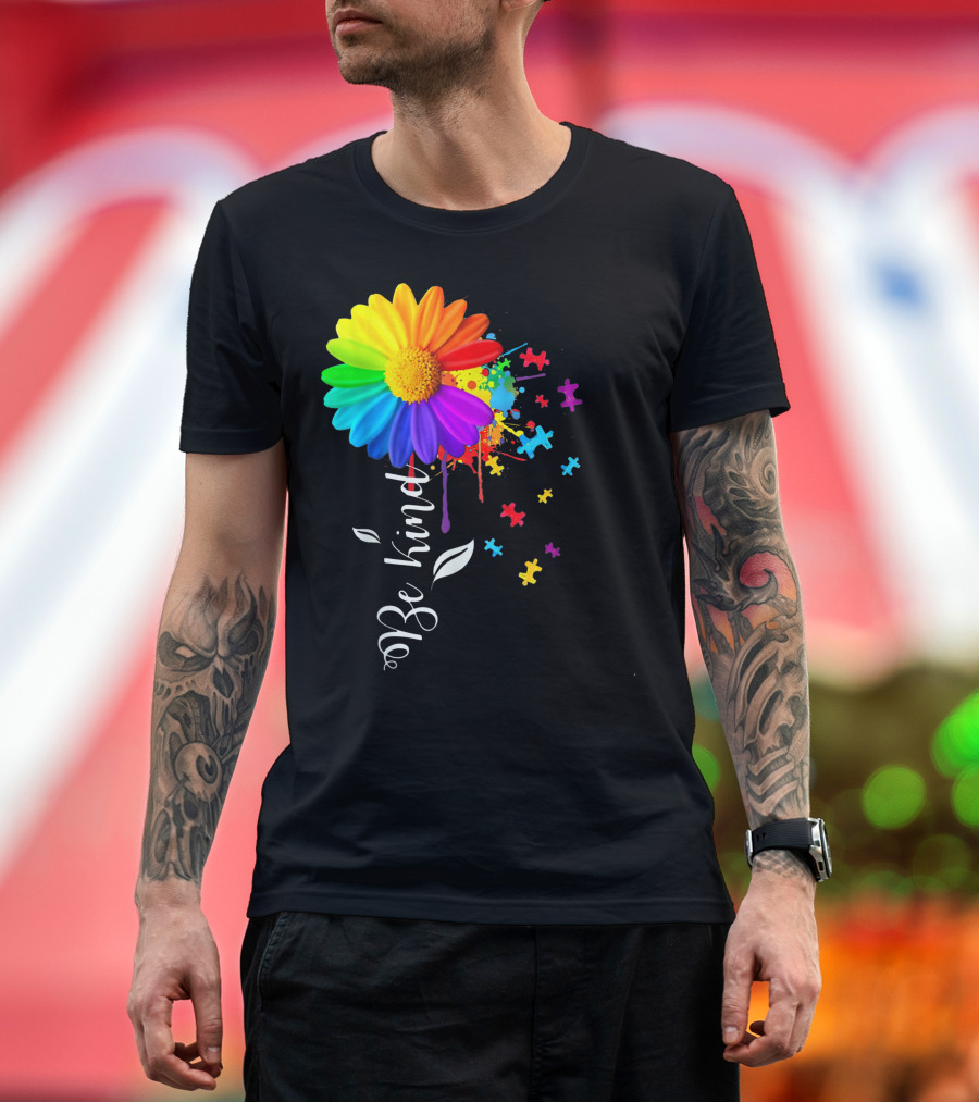 Be Kind Autism Awareness Rainbow Flower Puzzle Pieces T-Shirt