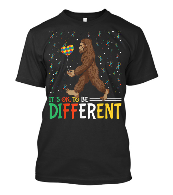 Bigfoot Sasquatch It's Ok To Be Different Autism Awareness Puzzle Heart Balloon T-Shirt