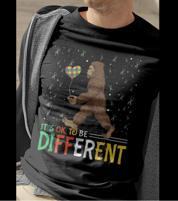 Bigfoot Sasquatch It's Ok To Be Different Autism Awareness Puzzle Heart Balloon T-Shirt