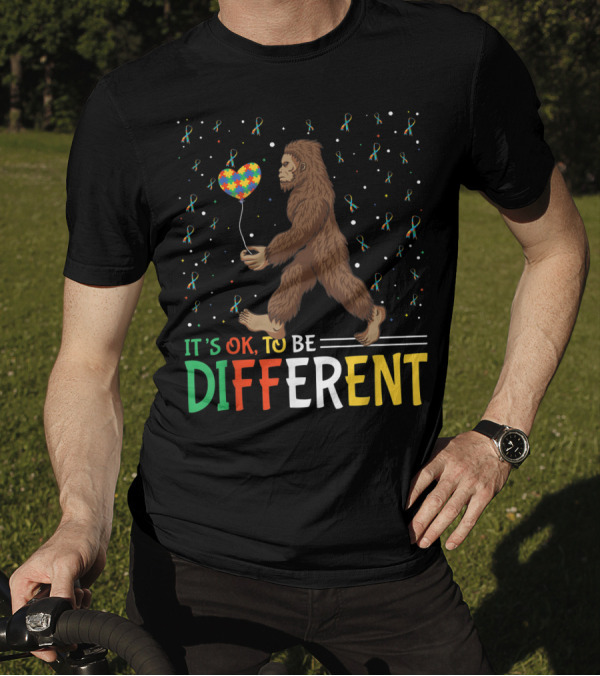 Bigfoot Sasquatch It's Ok To Be Different Autism Awareness Puzzle Heart Balloon T-Shirt