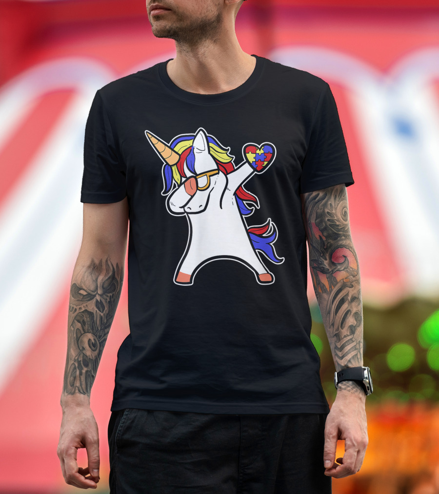 Cute Autism Unicorn Dabbing with Puzzle Heart Asperger Awareness T-Shirt