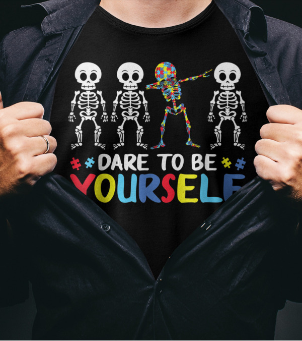 Dare To Be Yourself Dabbing Skeleton Autism Puzzle T-Shirt
