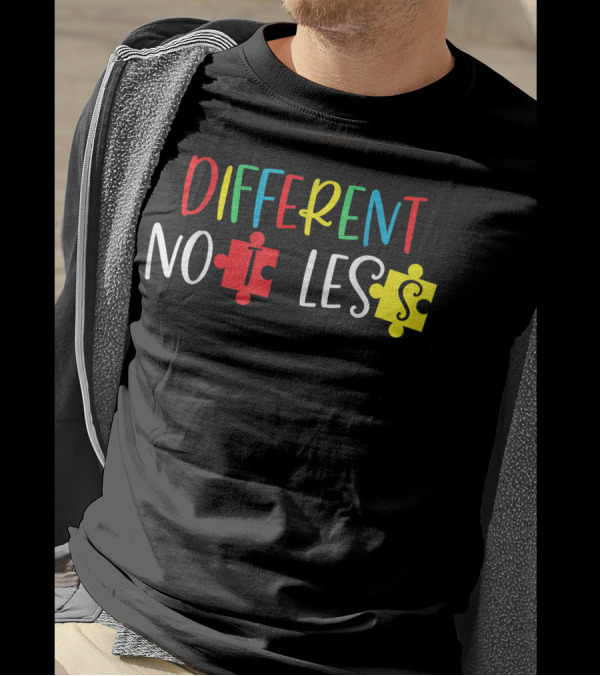 Different Not Less Autism Awareness Puzzle Multicolor Letters With Red And Yellow Puzzle Pieces T-Shirt