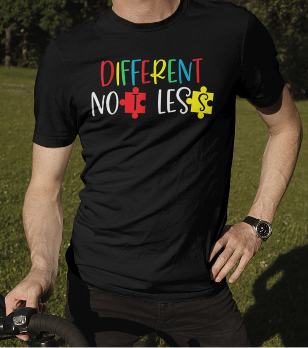 Different Not Less Autism Awareness Puzzle Multicolor Letters With Red And Yellow Puzzle Pieces T-Shirt