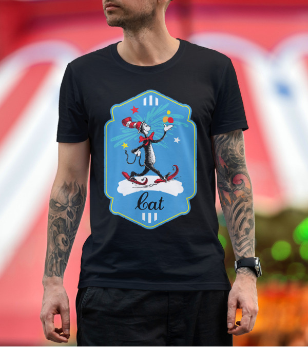 Premium T-Shirt: Dr Seuss Cat In The Hat Balancing Snowshoes Badge T-Shirt Dr Seuss Cat In The Hat Balancing Snowshoes Badge T-Shirt