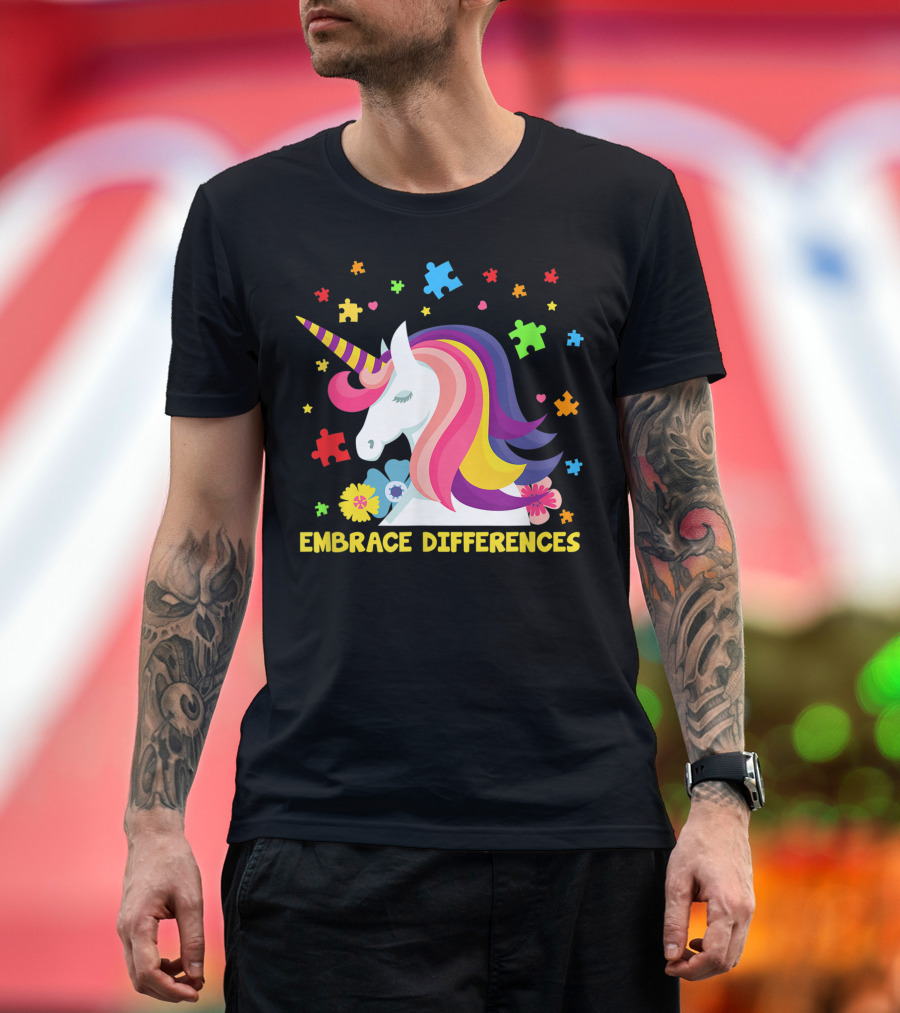 Embrace Differences Unicorn Puzzle Autism Cute Colorful T-Shirt