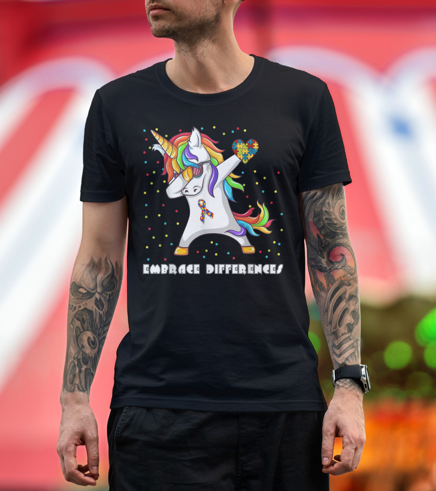 Embrace Differences Dabbing Unicorn Autism Awareness Puzzle Heart T-Shirt