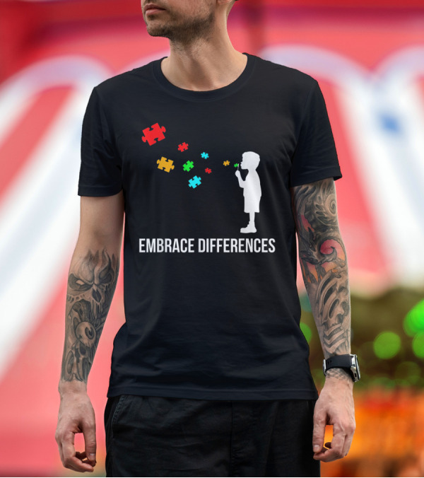 Premium T-Shirt: Embrace Differences Autism Awareness Day Puzzle Pieces T-Shirt Embrace Differences Autism Awareness Day Puzzle Pieces T-Shirt