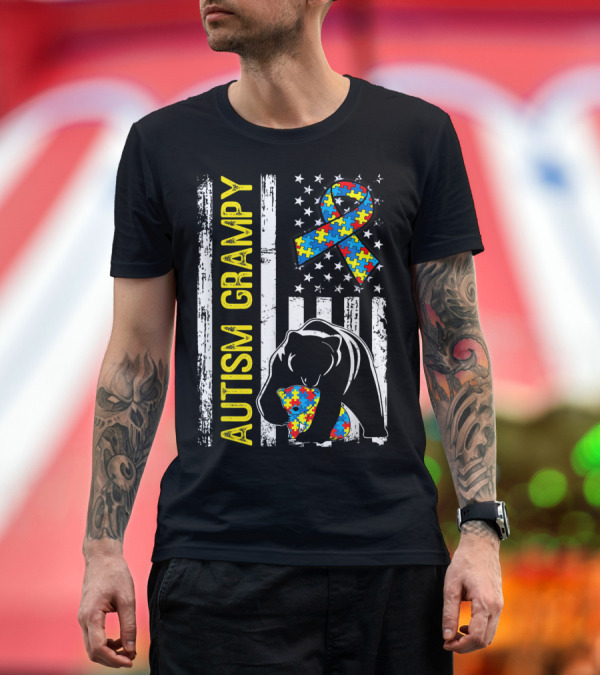 Premium T-Shirt: Autism Grampy Bear Puzzle Ribbon Distressed Flag T-Shirt Autism Grampy Bear Puzzle Ribbon Distressed Flag T-Shirt