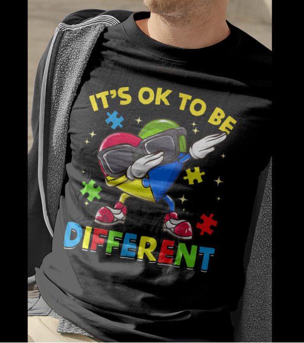 It's Ok To Be Different Autism Awareness Dabbing Heart Puzzle Pieces T-Shirt
