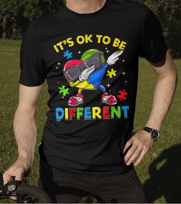 It's Ok To Be Different Autism Awareness Dabbing Heart Puzzle Pieces T-Shirt