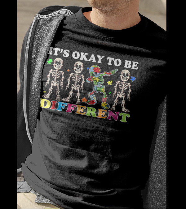 It's Okay To Be Different Autism Awareness Skeleton Dab Puzzle Pieces T-Shirt