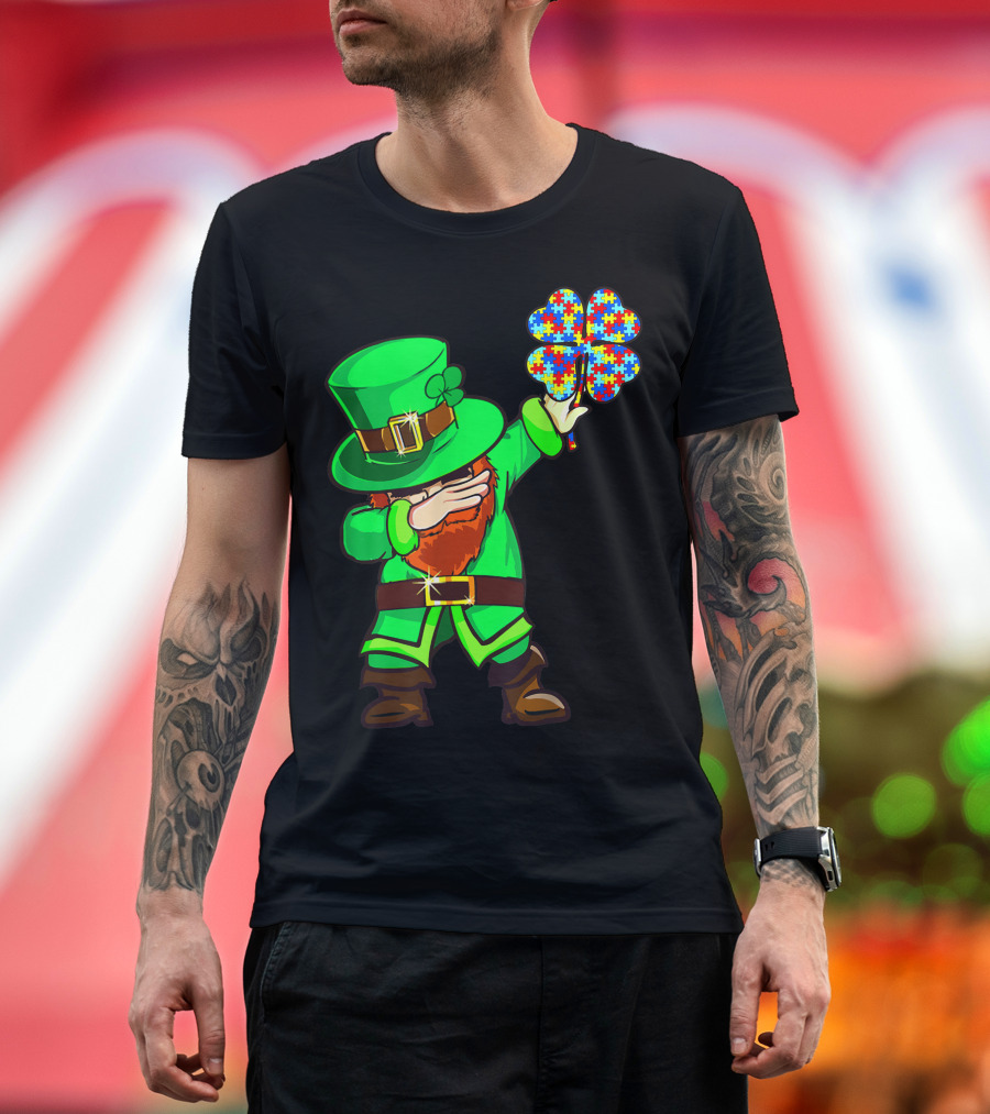 Leprechaun Dabbing with Autism Awareness Puzzle Shamrock T-Shirt