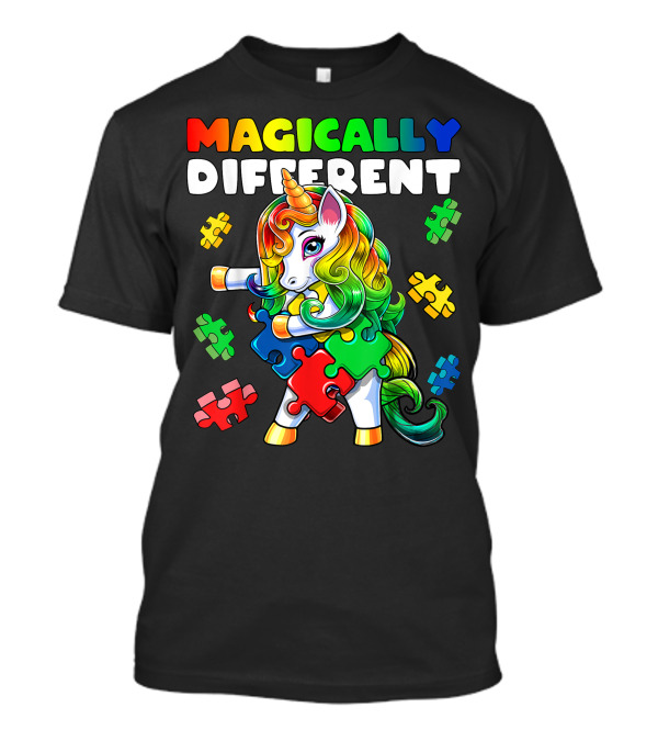 Magically Different Rainbow Flossing Unicorn Autism Awareness Puzzle Pieces T-Shirt