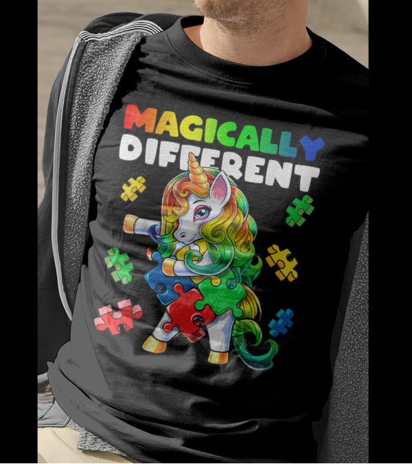 Magically Different Rainbow Flossing Unicorn Autism Awareness Puzzle Pieces T-Shirt