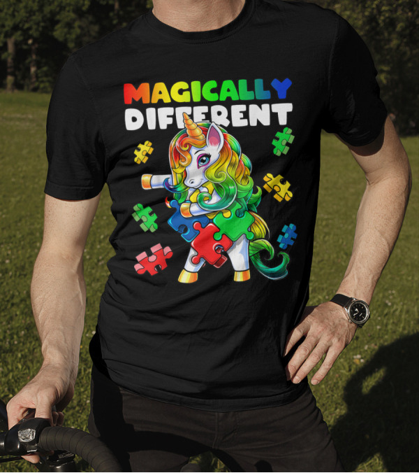 Magically Different Rainbow Flossing Unicorn Autism Awareness Puzzle Pieces T-Shirt
