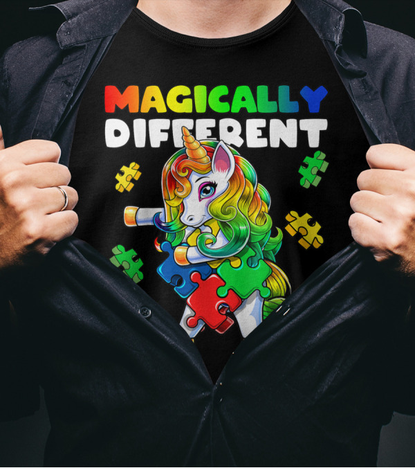 Magically Different Rainbow Flossing Unicorn Autism Awareness Puzzle Pieces T-Shirt
