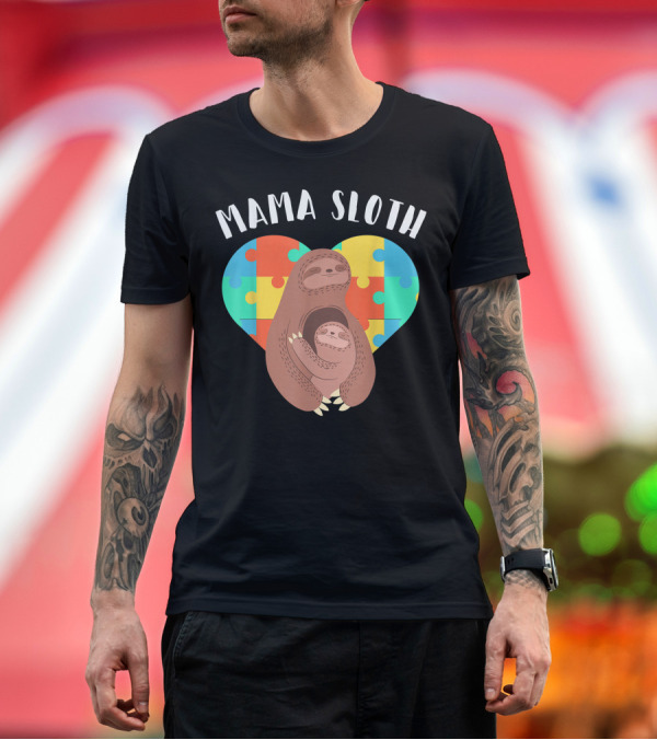 Premium T-Shirt: Mama Sloth Autism Puzzle Heart Embrace T-Shirt Mama Sloth Autism Puzzle Heart Embrace T-Shirt