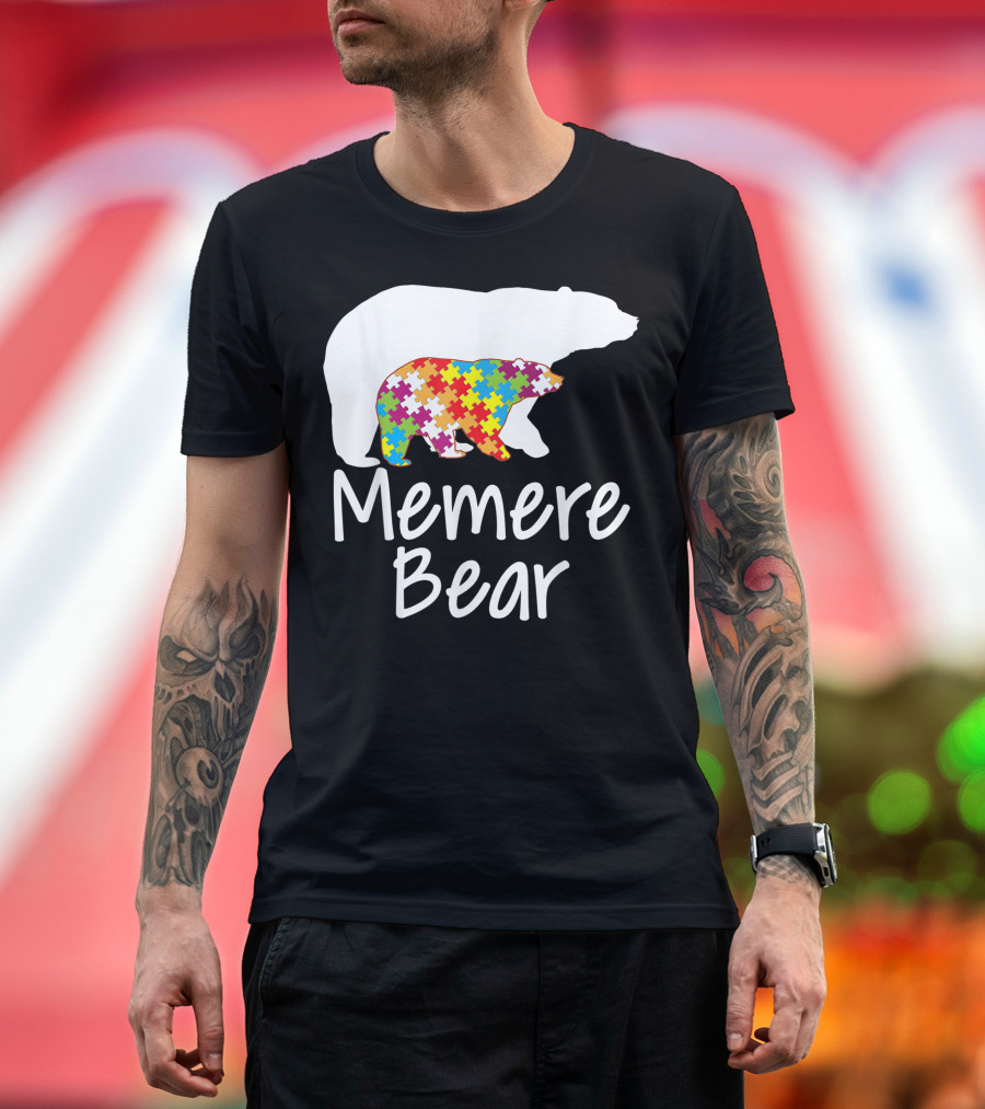 Memere Bear Autism Awareness Rainbow Puzzle Ribbon Day T-Shirt
