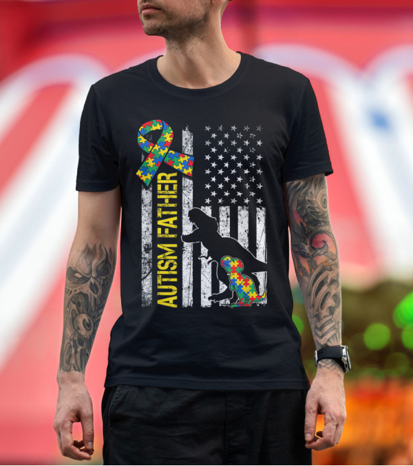 Premium T-Shirt: Autism Father Dinosaur USA Flag Puzzle Ribbon Autism Day T-Shirt Autism Father Dinosaur USA Flag Puzzle Ribbon Autism Day T-Shirt