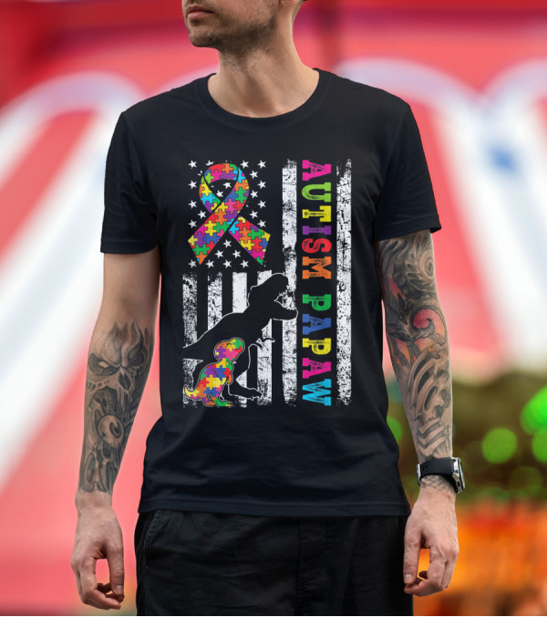 Premium T-Shirt: Autism Papaw Distressed USA Flag Dinosaur Puzzle T-Shirt Autism Papaw Distressed USA Flag Dinosaur Puzzle T-Shirt