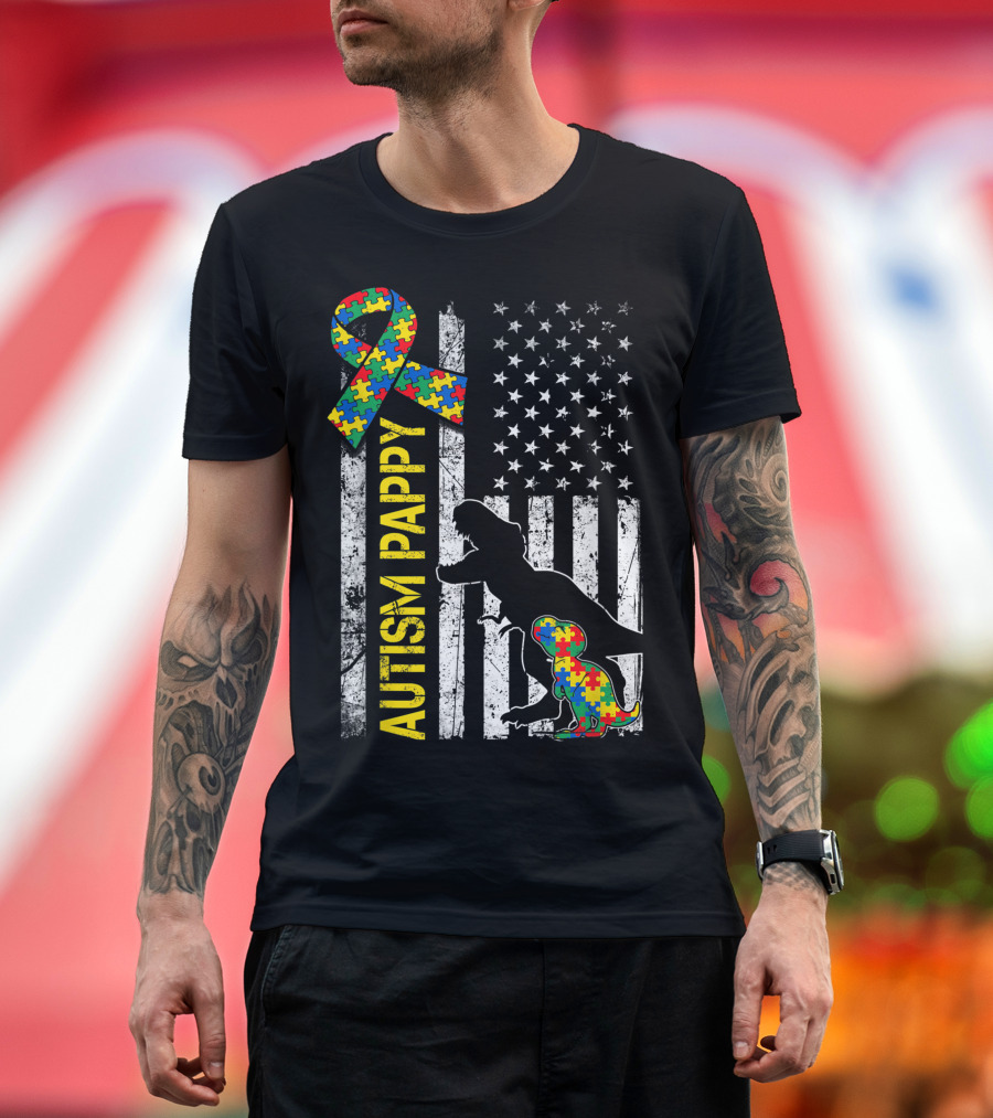 Autism Pappy Dinosaur USA Flag Puzzle Ribbon Autism Day T-Shirt
